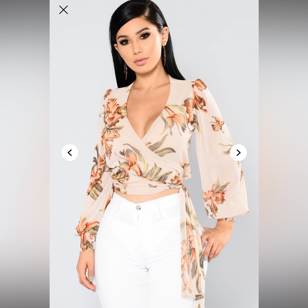Floral Wrap Blouse - Cream and Orange